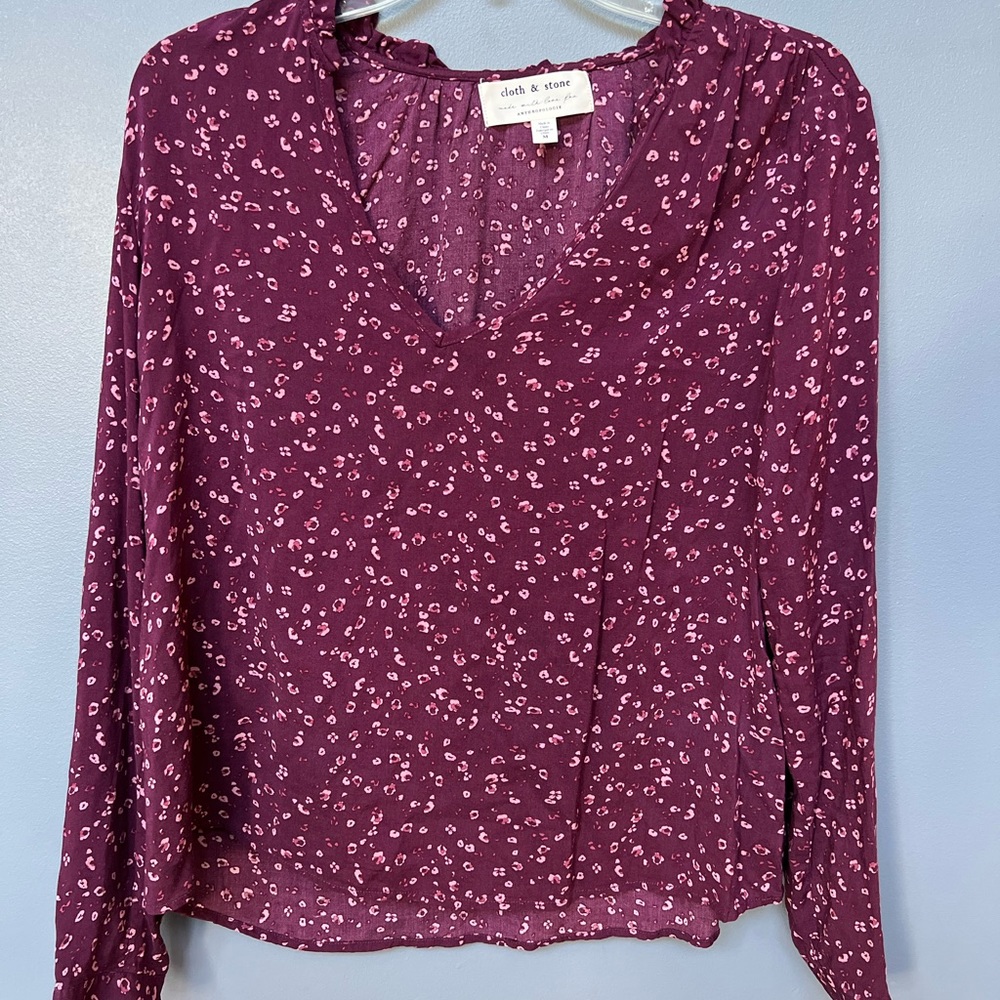 Cloth & Stone for Anthropologie Long Sleeve Floral Maroon Blouse size medium
